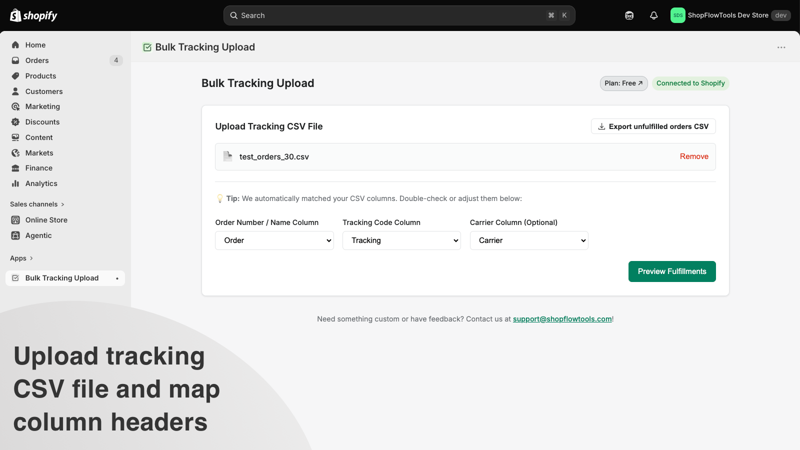 Upload tracking CSV file and map column headers