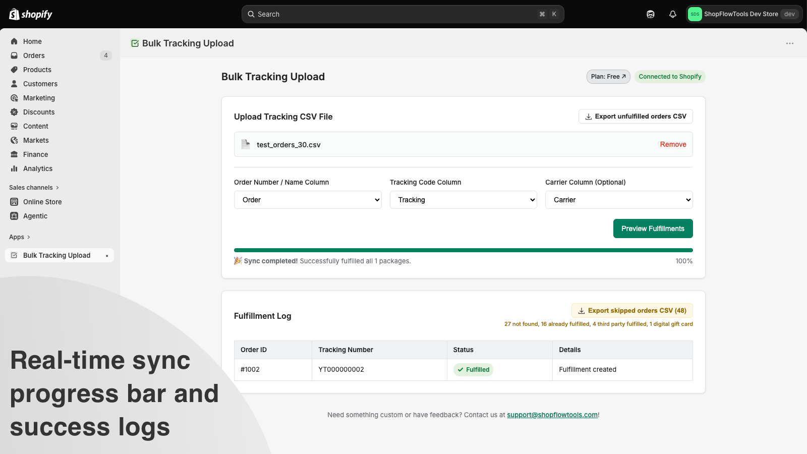 Real-time sync progress bar and success logs